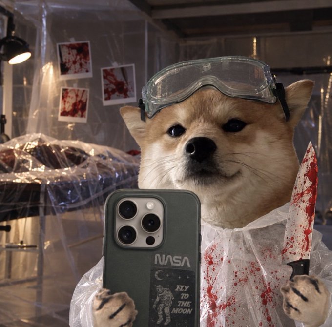 A humorous edit of a Shiba Inu dog wearing safety goggles and a blood-stained plastic suit, holding a knife in one paw and a phone with a NASA case in the other, standing in a plastic-covered room with red handprints.