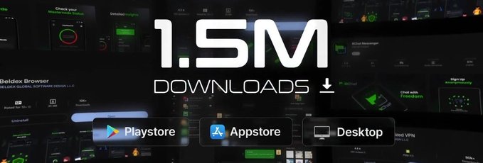 A promotional graphic celebrating 1.5M downloads for Beldex Browser, featuring download options for Playstore, Appstore, and Desktop. The image visually reinforces the accompanying post's message about Beldex Coin building a privacy-first ecosystem, highlighting the browser as a key privacy tool for secure browsing, messaging, and VPN services.