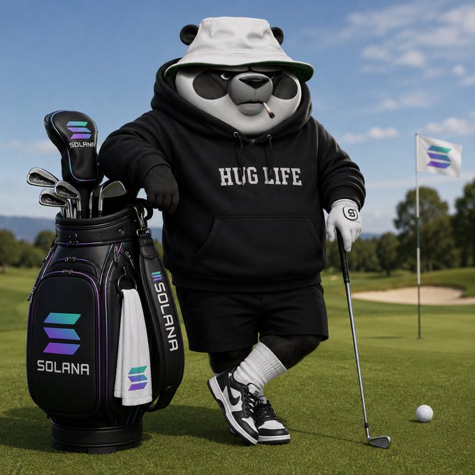 An anthropomorphic panda wearing a black 'HUG LIFE' hoodie, bucket hat, and shorts, posing on a golf course next to a golf bag branded with 'SOLANA' logos.