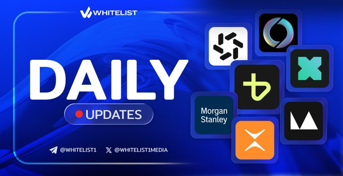 A promotional graphic for "Whitelist Daily Updates" displayed on a blue background, featuring a grid of cryptocurrency and finance logos including Morgan Stanley, alongside the social media handles @whitelist1 and @whitelistimedia. The image accompanies a post highlighting breaking news about Morgan Stanley launching spot Ethereum and Solana ETFs under the tickers MSSE and MSOL, as well as withdrawal updates from Cascade.