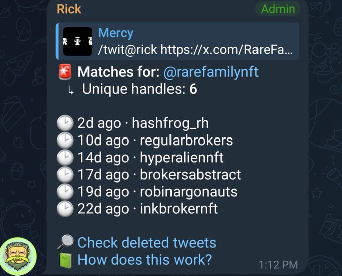 A Telegram bot interface displays a user's profile "Rick" (Admin) showing matches for @rarefamilynft with 6 unique handles, listing usernames like hashfrog_rh, regularbrokers, hyperaliennft, brokersabstract, robinargonuts, and inkbrokernft. The post references a public mint launch, likely relating to one of the NFT projects listed in the bot's match results.