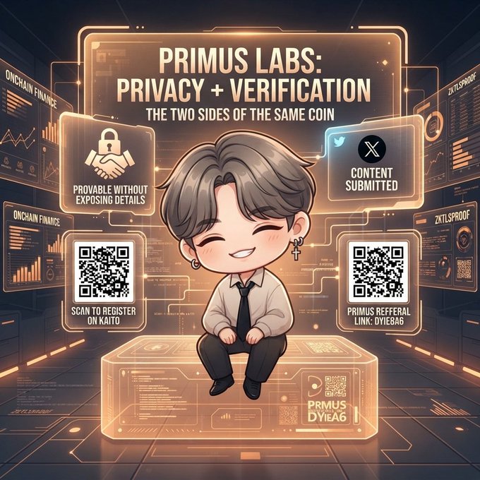A stylized promotional image for 'PRIMUS LABS: PRIVACY + VERIFICATION - THE TWO SIDES OF THE SAME COIN' featuring a chibi character sitting on a box, surrounded by QR codes and references to 'SCAN TO REGISTER ON KAITO' and 'PRIMUS REFERRAL LINK: DY1E8AG'.
