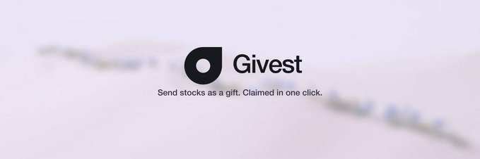 The image displays the Givest logo with the tagline "Send stocks as a gift. Claimed in one click." against a soft, blurred background, visually reinforcing the post's message about simplifying the process of gifting RWA (real-world asset) stocks.