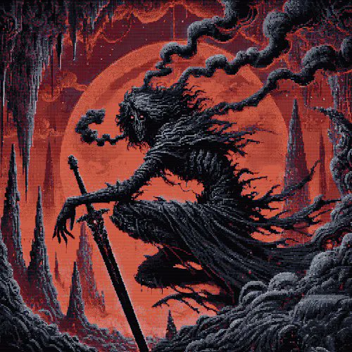 The image features a digital art piece of a man with long hair, dressed in black clothing, holding a sword and standing against an orange background. The man appears to be in a cave or underground setting, surrounded by smoke and shadows. The caption for this image reads "✧ The Draz'Khalith Waits ✧" which is likely a reference to the artist's name, and it also mentions that the artwork was sold for 0.25 ETH (€0.26) on the Dark Web.