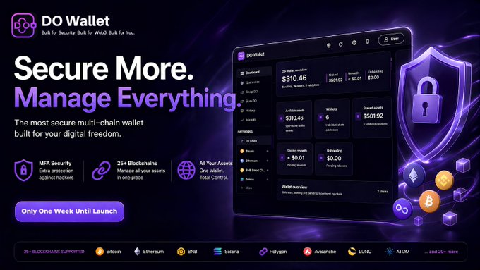 A promotional banner for 'DO Wallet' advertising 'Secure More. Manage Everything.' with features including MFA Security, 25+ Blockchains, and All Your Assets One Wallet, supporting chains like Bitcoin, Ethereum, BNB, Solana, Polygon, Avalanche, LUNC, and ATOM.