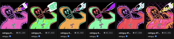 Six colorful, stylized illustrations show a screaming figure drinking from a bottle, each with the username 'rektguy' and different engagement numbers.