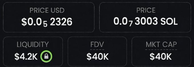 A cryptocurrency trading dashboard displays key metrics for a token, showing a price of $0.0₅2326 USD (0.0₇3003 SOL), with $4.2K locked liquidity, and both FDV and market cap at $40K—matching the memecoin the poster is teasing as their next potential multi-bagger pick.