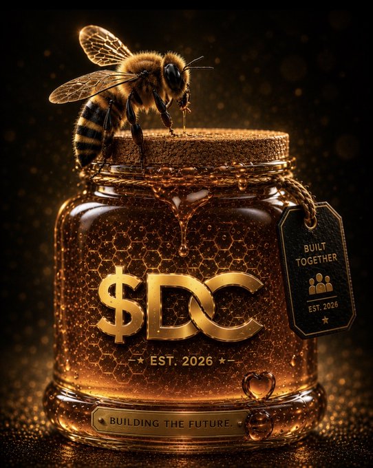 iced honey jar with a bee and golden honeycomb design, accompanied by the text "SDC" and "Building Together".