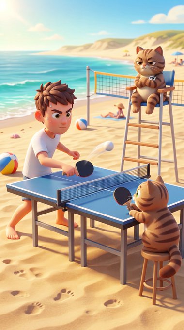 The image features a beach scene with two boys playing ping pong, while a cat sits nearby watching them play. The background shows an ocean view and other people enjoying their time at the beach.