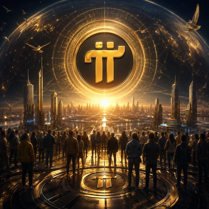 The image features a large group of people standing around a golden circle with the Bitcoin symbol at its center. The scene takes place in front of a futuristic cityscape, which includes buildings that appear to be made entirely out of gold or silver. The people are gathered together and seem to be engaged in conversation or observing something happening within the city. The image also contains text that reads "THE DAY THE WORLD UNDERSTANDS PI History has a strange habit. When a great idea is born, people laugh. When it survives, people question. When it grows, people resist. And when it finally changes the world, everyone claims they saw it coming."