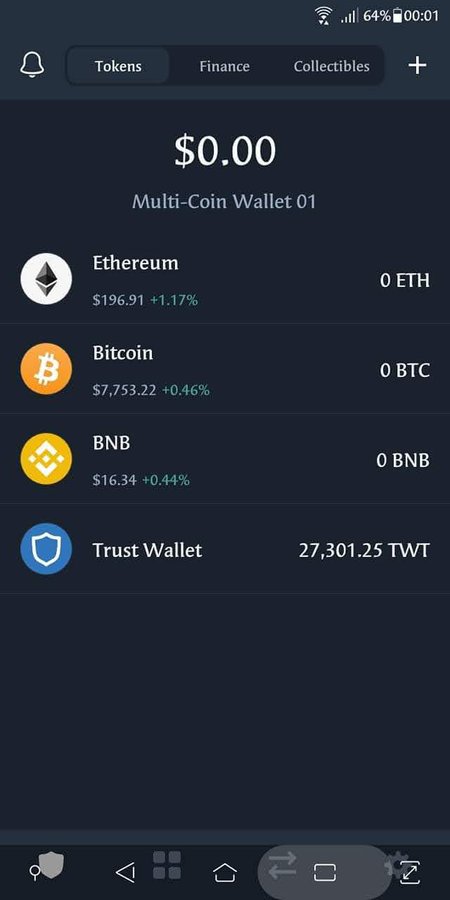 A screenshot of a cryptocurrency wallet app showing a $0.00 balance in 'Multi-Coin Wallet 01', listing Ethereum at $196.91, Bitcoin at $7,753.22, BNB at $16.34, and Trust Wallet at 27,301.25 TWT.