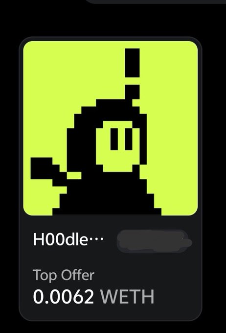 A digital NFT card with a neon green background displays a black pixelated character, labeled 'H00dle' with a 'Top Offer' of 0.0062 WETH.