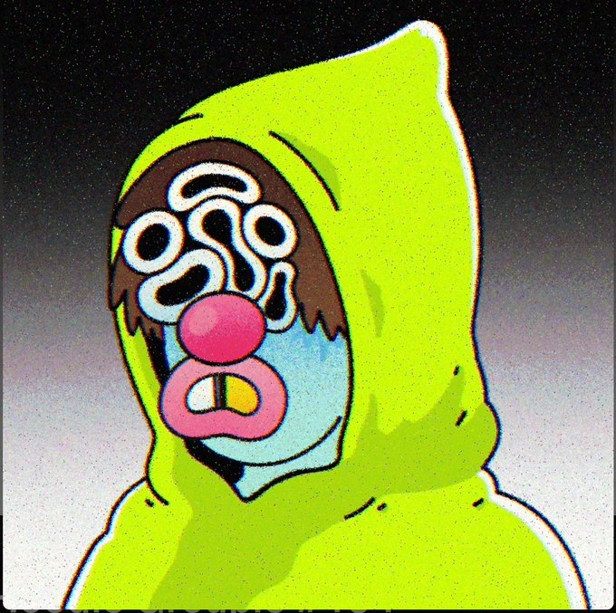 A distorted, cartoonish figure wearing a bright neon green hood with abstract black and white patterns on the face, a pink nose, and an open mouth showing a single tooth.
