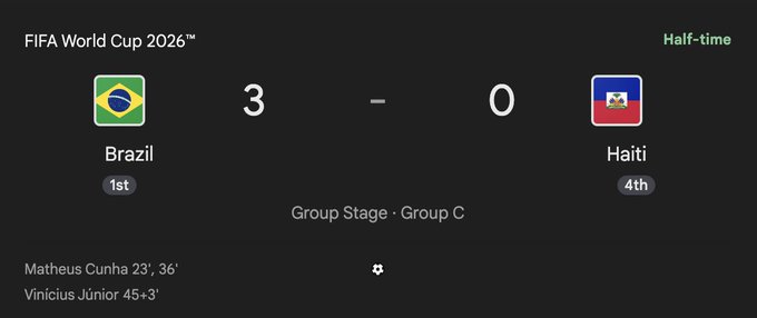 The image shows a scoreboard for a soccer match between two teams from different countries - Brazil and Haiti. The score is currently 3-0, with Brazil leading by one goal. The time displayed on the screen indicates that the game has been going on for half an hour. The text in the image suggests that someone might be claiming this as their own property or trying to sell it.