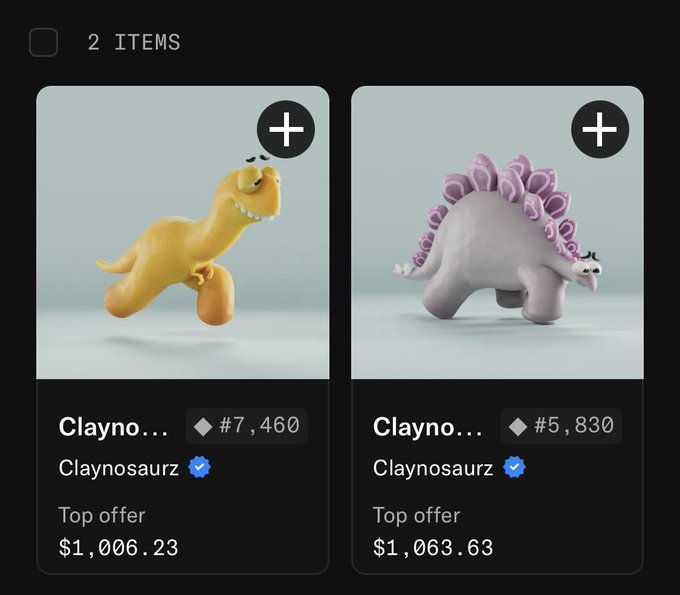 NFT marketplace listing showing 2 Claynosaurz items: a yellow Clayno priced at #7,460 ($1,006.23) and a purple stegosaurus Clayno priced at #5,830 ($1,063.63), with a top offer option.