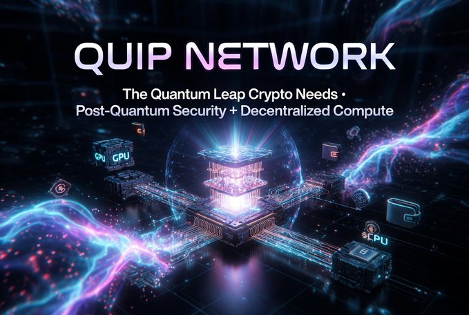 A promotional graphic for 'QUIP NETWORK' with the tagline 'The Quantum Leap Crypto Needs · Post-Quantum Security + Decentralized Compute', featuring futuristic glowing tech imagery with CPU, GPU, and storage elements.