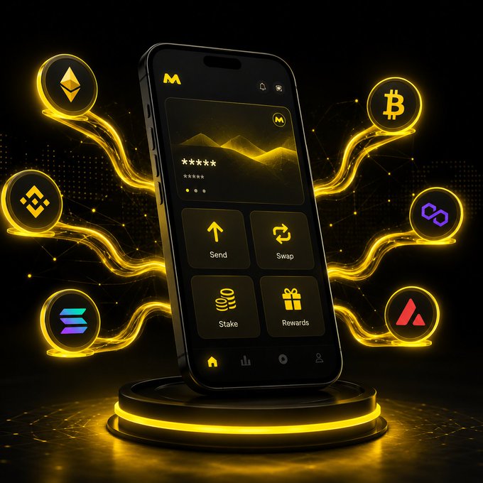 A smartphone displays a cryptocurrency app interface with a central "M" logo and function buttons for "Send," "Swap," "Stake," and "Rewards," surrounded by floating icons for Bitcoin, Ethereum, BNB, and other crypto tokens on a glowing black and gold background.

The image visually reinforces the post's message by showcasing Moove's clean, user-friendly interface with clearly labeled, simplified functions (Send, Swap, Stake, Rewards), highlighting how it makes navigating Web3 straightforward and accessible for everyday users.