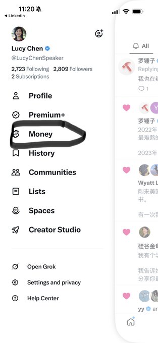 A LinkedIn profile screenshot showing the user "Lucy Chen" (@LucyChenSpeaker) with 2,723 Following and 2,809 Followers, where the "Money" menu option is circled in black ink. The image highlights the "Money" feature in the LinkedIn app, tying into the post's celebration about receiving $25 from @XMoney.