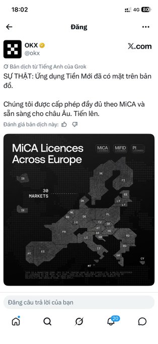 A mobile screenshot of an X.com post from OKX (@okx) in Vietnamese, with an image showing 'MiCA Licences Across Europe' over a map of Europe.
