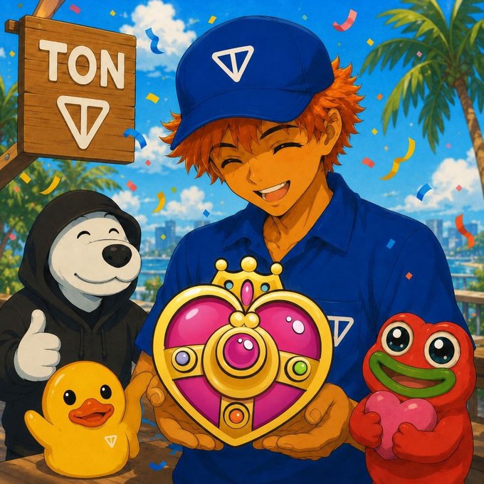 An anime-style illustration of a smiling boy in a blue cap and shirt holding a heart-shaped crown jewel, surrounded by a bear, duck, and red creature, with a 'TON' wooden sign in the background.