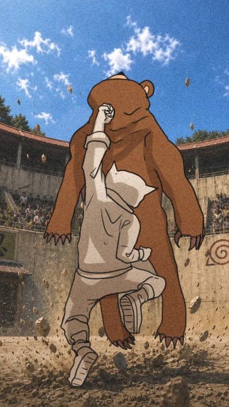 An anime-style illustration of a person in a hooded jacket walking away from a massive brown bear in an outdoor arena setting under a blue sky with scattered clouds.
