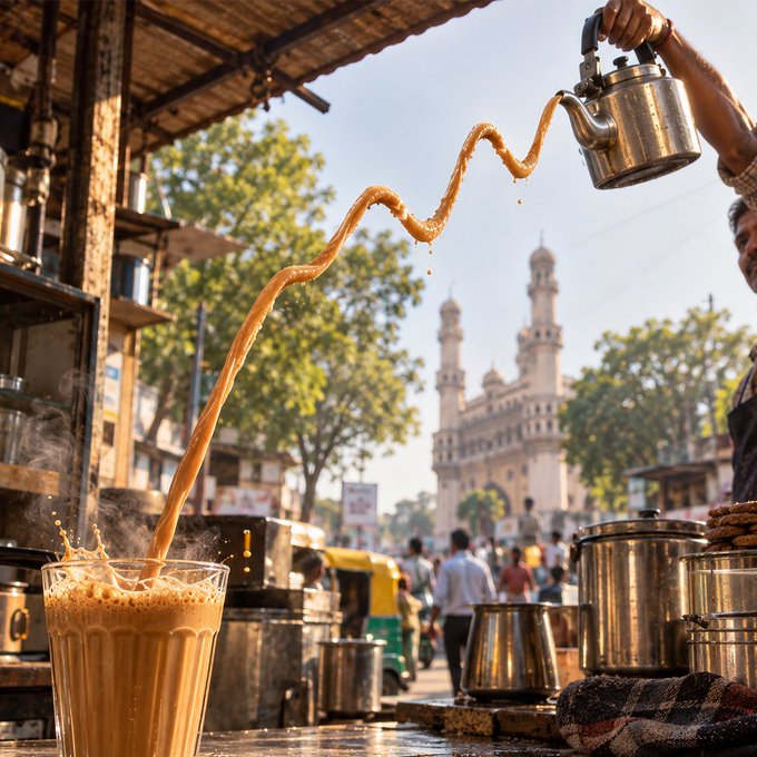 A vendor at a bustling Indian street stall dramatically pours steaming chai from a metal kettle into a glass, with the iconic Charminar monument visible in the background—capturing the lively spirit of Chai Day, where every sip pairs perfectly with a biscuit.