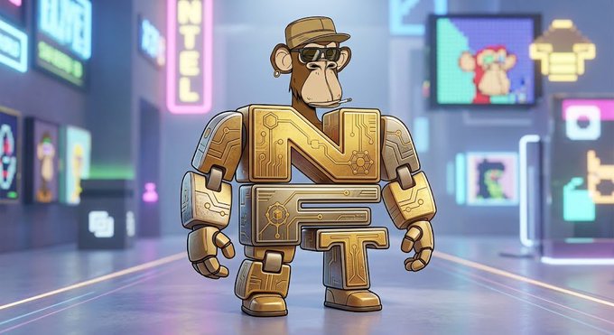 A golden, robotic figure with monkey-like features stands in a neon-lit digital marketplace, with large "NFT" letters forming its torso—perfectly embodying the post's theme of NFTs having a literal face in the crypto world.