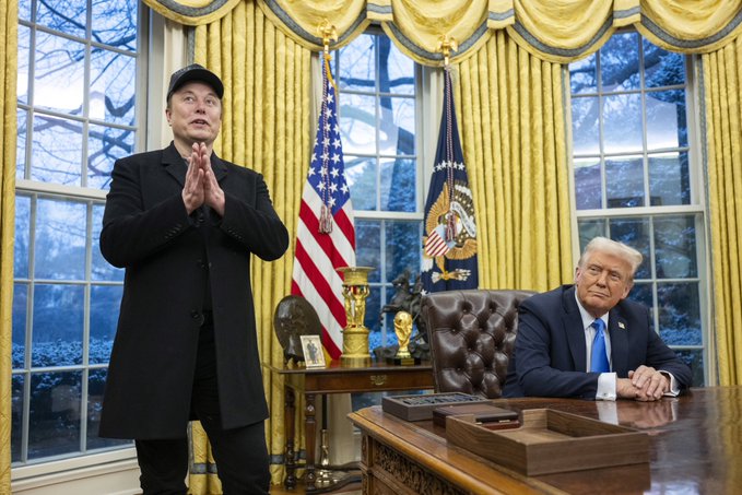 Elon Musk stands before Donald Trump in the Oval Office, a visual juxtaposition to the news that Trump Media has surpassed Tesla in Bitcoin holdings, now ranking as the 12th-largest Bitcoin treasury company.