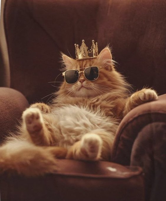 The image features a cat wearing sunglasses, sitting comfortably on an armchair with its paws up. The cat appears to be wearing a crown or a gold-colored headpiece, adding a sense of regality to the scene. The background of the photo is blurred and out of focus, drawing attention to the main subject - the cat in the chair.