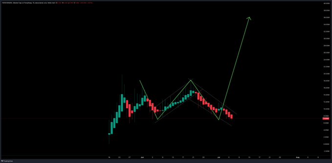 A candlestick chart for $TOESCOIN displays a recent breakdown below a descending channel pattern, with a large green arrow projecting a bullish reversal toward the $60K–$70K resistance zone. The chart's title indicates a "Bearish Flag or Pennant" formation, reinforcing the speculative nature of the projected breakout.