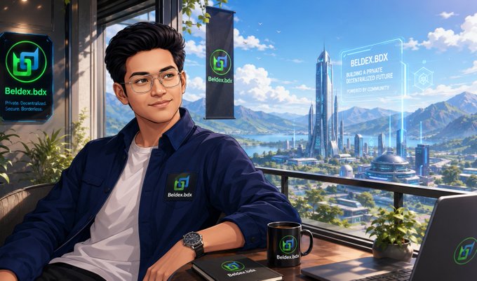 A digital illustration of a young man wearing a Beldex.bdx jacket and glasses, sitting at a desk with a branded mug, overlooking a futuristic cityscape with text promoting 'Beldex.bdx' as a private, decentralized, secure, and borderless platform.