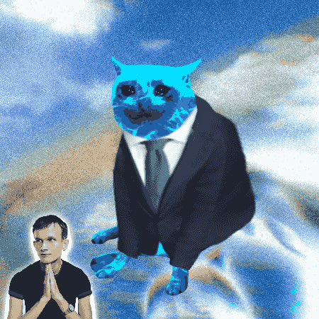 A surreal, grainy digital artwork featuring a large blue cat-headed figure in a dark business suit and tie looming against a cloudy sky, while a smaller image of a person with short hair in a black t-shirt stands in the lower left corner with hands pressed together in a praying gesture.