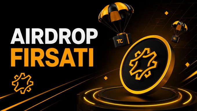 A promotional graphic displays 'AIRDROP FIRSATI' (Airdrop Opportunity) in bold orange and white text alongside a gold token icon and parachuting crypto packages.