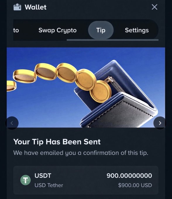 The image shows a crypto wallet confirmation screen displaying "Your Tip Has Been Sent" with a transaction of 900.00000000 USDT (USD Tether) valued at $900.00 USD. This relates to the post as visual "proof" of a supposed tip giveaway, where the account holder claims to be randomly selecting a Telegram subscriber to receive a reward.