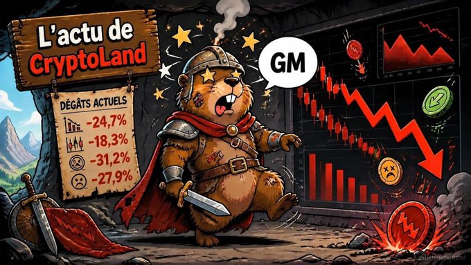 A cartoon marmot warrior stands wounded next to a sign reading "L'actu de CryptoLand" with negative percentage stats (-24.7%, -18.3%, -31.2%, -27.9%) and a red downward chart, illustrating the post's GM greeting and warning to crypto enthusiasts to stay safe and avoid reckless spending ("open bar") during market downturns.