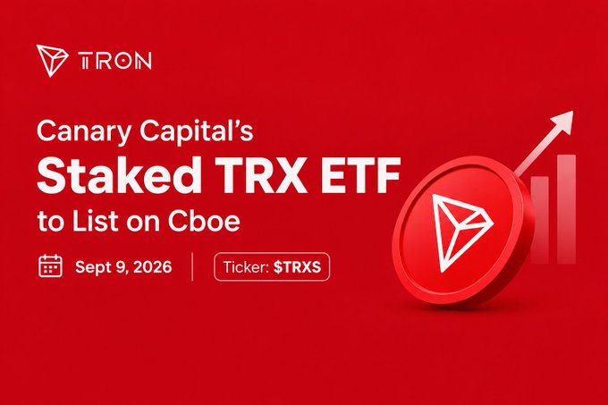 A promotional graphic on a red background announces that Canary Capital's Staked TRX ETF will list on Cboe on September 9, 2026, under the ticker $TRXS, featuring the TRON logo alongside a rising arrow and bar chart symbolizing growth. The image visually reinforces the post's news about the upcoming U.S. staking ETF milestone for the TRON ecosystem.