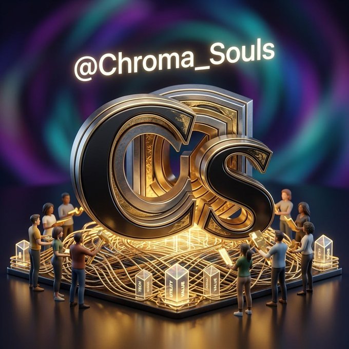 A large, ornate golden "CS" logo for @Chroma_Souls stands at the center of a platform, surrounded by miniature figures interacting with glowing data nodes and golden threads, symbolizing the foundational community effort behind the project. The accompanying text reinforces this image by emphasizing that real value is built by early believers—not hype—aligning with the visual of dedicated contributors working together at the project's core before its "breakout."