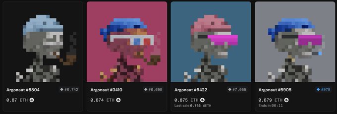 Four pixel-art Argonaut NFT profiles are displayed on a dark marketplace listing, showing IDs #8804, #3410, #9422 (priced at 0.875 ETH), and #5905 (countdown 66:13), each wearing distinct blue, pink, or magenta headwear and priced at 0.874 ETH. The image relates to the post by showcasing available Argonaut NFTs being discussed for purchase to bring the featured user onto Mainnet.