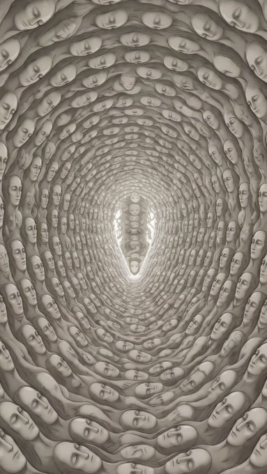 A surreal, hypnotic tunnel made of repeating sculpted faces spirals toward a bright light in the center.