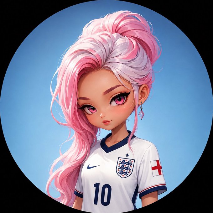 A digital illustration of a stylized girl with long pink and white hair in a high ponytail, wearing a white England soccer jersey with the number 10 and a Nike logo. She has pink eyes and is set against a blue circular background.