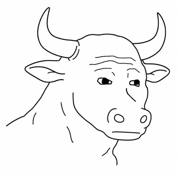 A simple line drawing of a bull's head with prominent horns and a stern expression, set against a white background. The bullish imagery aligns with the post's optimistic call for $WOJAK to achieve "a multi billion type run," symbolizing strength and upward momentum in the crypto market.