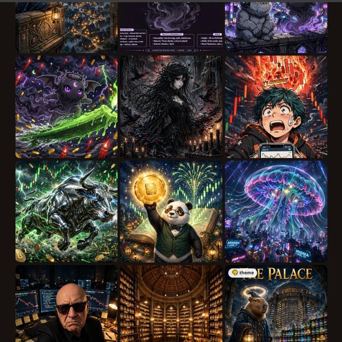 A collage of vibrant digital art pieces featuring various subjects like a panda with a Bitcoin, a bull, a jellyfish, and stock market charts.