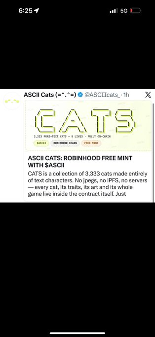 A mobile screenshot of a tweet from @ASCIICats advertising 'ASCII CATS: ROBINHOOD FREE MINT WITH SASCII', a collection of 3,333 text-based cats.