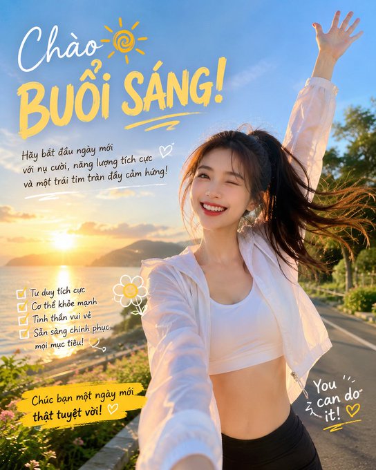 A Vietnamese-language motivational poster with 'Chào Buổi Sáng!' (Good Morning!) text, showing a smiling young woman with her arm raised against a sunset coastal backdrop, along with checkmarked affirmations and 'You can do it!' text.