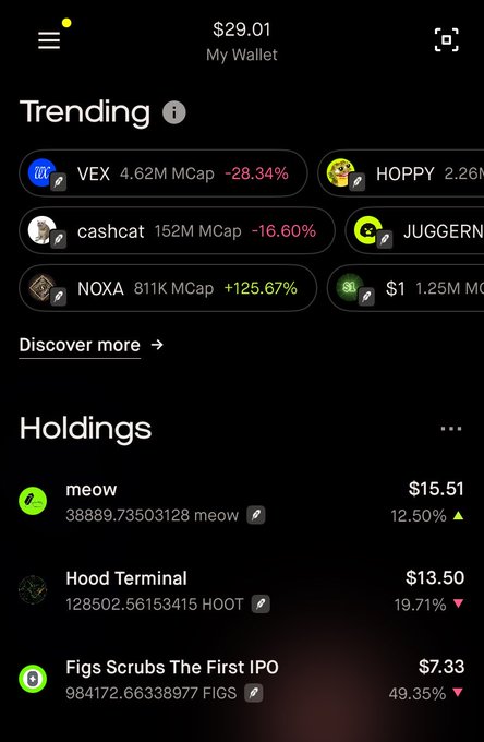 A mobile wallet app screen showing 'My Wallet' balance of $29.01, a 'Trending' section with tokens like VEX, HOPPY, cashchat, JUGGERN, NOXA, and 'Holdings' including meow, Hood Terminal, and Figs Scrubs The First IPO.