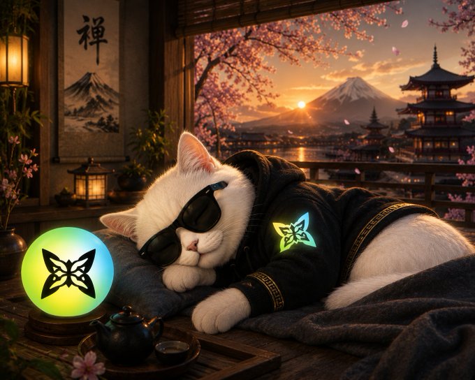 A digital illustration of a white cat wearing sunglasses and a black hoodie with a butterfly emblem, napping in a traditional Japanese setting with Mount Fuji, cherry blossoms, and a glowing butterfly orb nearby.