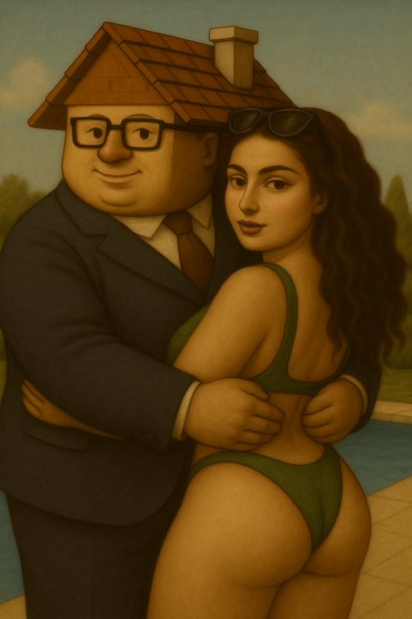 A surreal painting depicts a man with a house for a head embracing a woman in a bikini, possibly symbolizing a desired lifestyle or financial goal. This artwork visually represents the "fomo dog" and "shilling bags" mentioned in the accompanying post.
