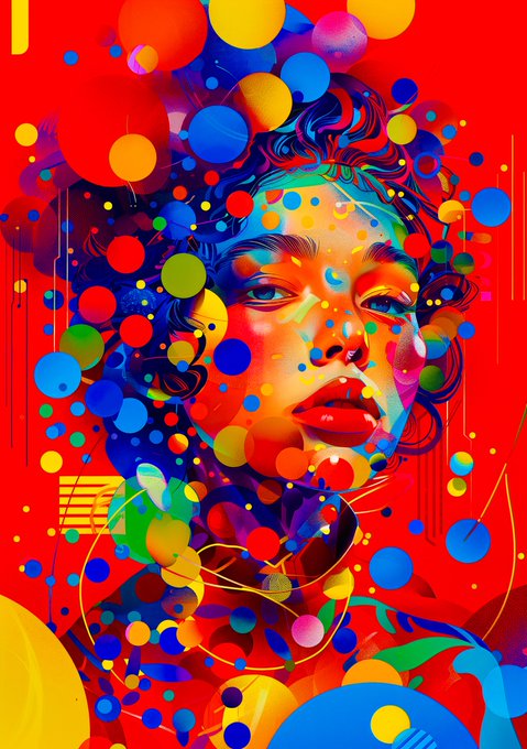 A vibrant, colorful pop-art style illustration of a woman's face surrounded by multicolored circles against a bright red background.