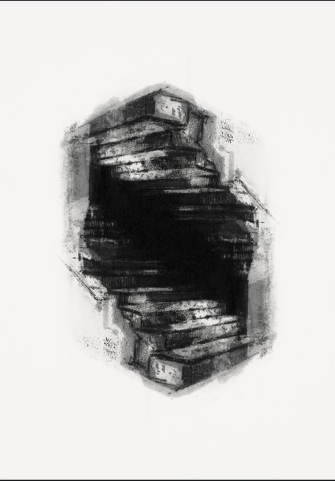 A monochromatic, sketch-like digital illustration depicts a surreal, swirling staircase or architectural structure spiraling into a dark void.