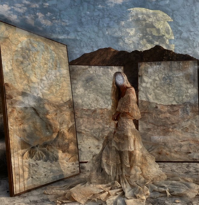 An artistic image of a woman in a flowing, textured lace dress standing in a desert landscape, positioned among large, weathered stone panels.
